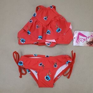Kanu Surf Girls Ruffle Halter Bikini 2 Piece Red Floral
